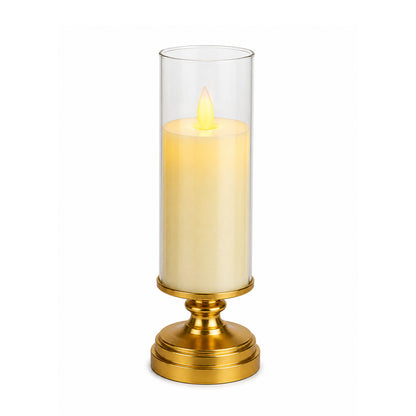 Flameless LED Candle Table Lamp with Glass Cover & Gold Base – Warm Flickering Decorative Light for Home and Office Decor