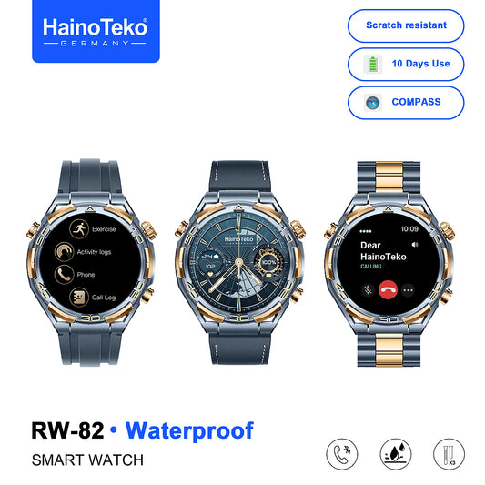 HainoTeko RW-82 Waterproof Smart Watch with Bluetooth Calling AMOLED Display, Compass Function, 3 Interchangeable Straps and 10 Days Battery Life Designed for Men