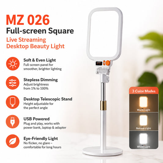 MZ026 Full Screen LED Beauty Light with Adjustable Desktop Stand Stepless Dimming Live Streaming & Photography Fill Light for Makeup, Video Recording, TikTok, YouTube & Online Meetings