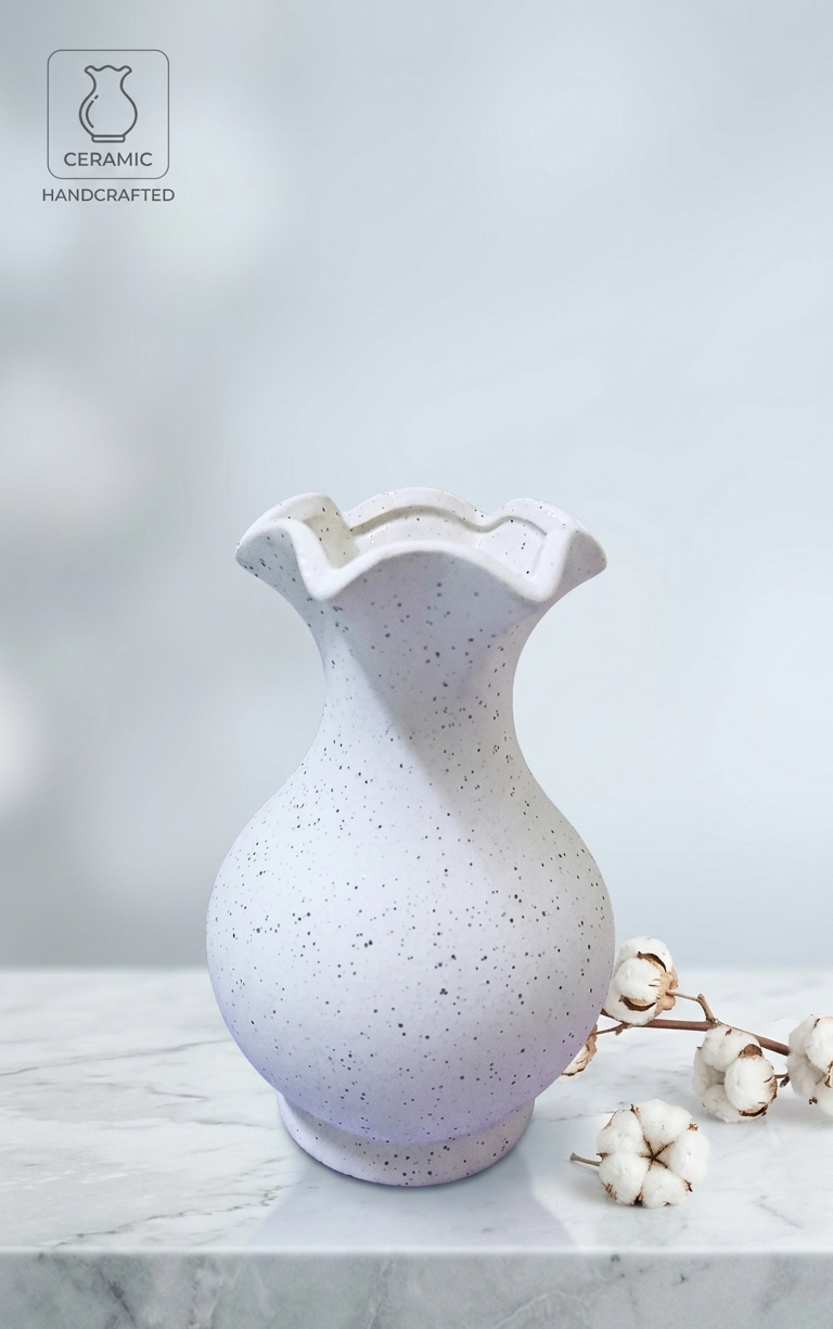 Lacoz Handcrafted Multipurpose Ceramic Flower Vase, White Ruffled Rim Design, Speckled Finish, Decorative Vase for Home Décor, Office, Hotel, School, Hospital