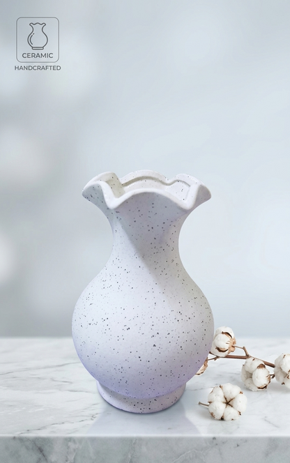 Lacoz Handcrafted Multipurpose Ceramic Flower Vase, White Ruffled Rim Design, Speckled Finish, Decorative Vase for Home Décor, Office, Hotel, School, Hospital