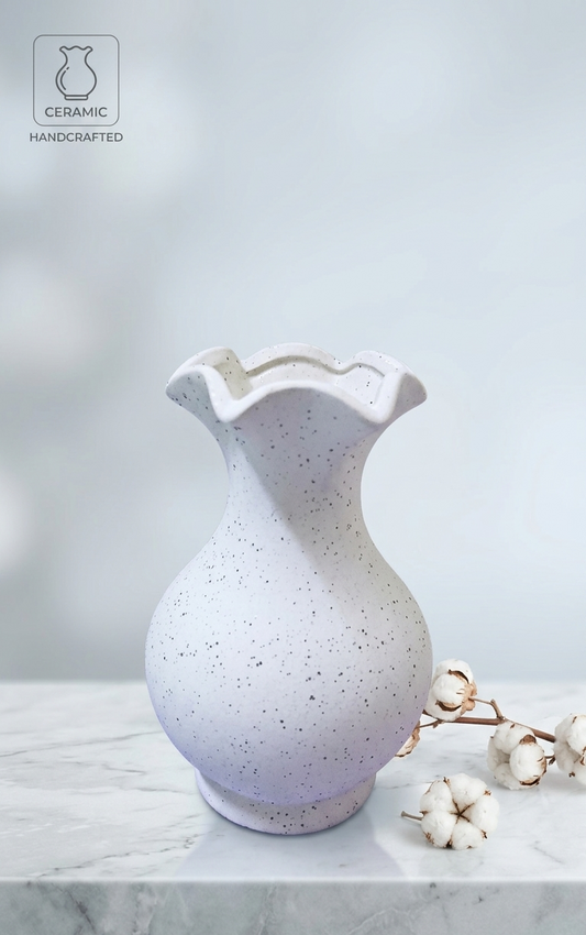 Lacoz Handcrafted Multipurpose Ceramic Flower Vase, White Ruffled Rim Design, Speckled Finish, Decorative Vase for Home Décor, Office, Hotel, School, Hospital