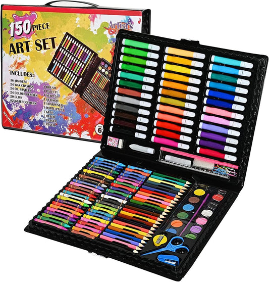 150-Piece Art Set for Kids & Adults – Portable Drawing & Painting Kit with Color Pencils, Crayons, Oil Pastels, Watercolors, Markers, Brush & Accessories in Carry Case