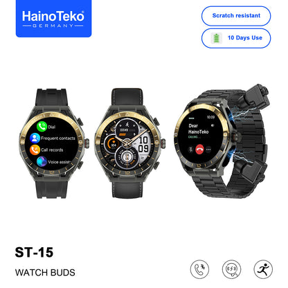 HainoTeko ST-15 Watch Buds Smartwatch with Built-in Earbuds Bluetooth Calling, AMOLED Display, 10-Day Battery Life, Health Monitoring and 3 Pair Straps Designed for Men
