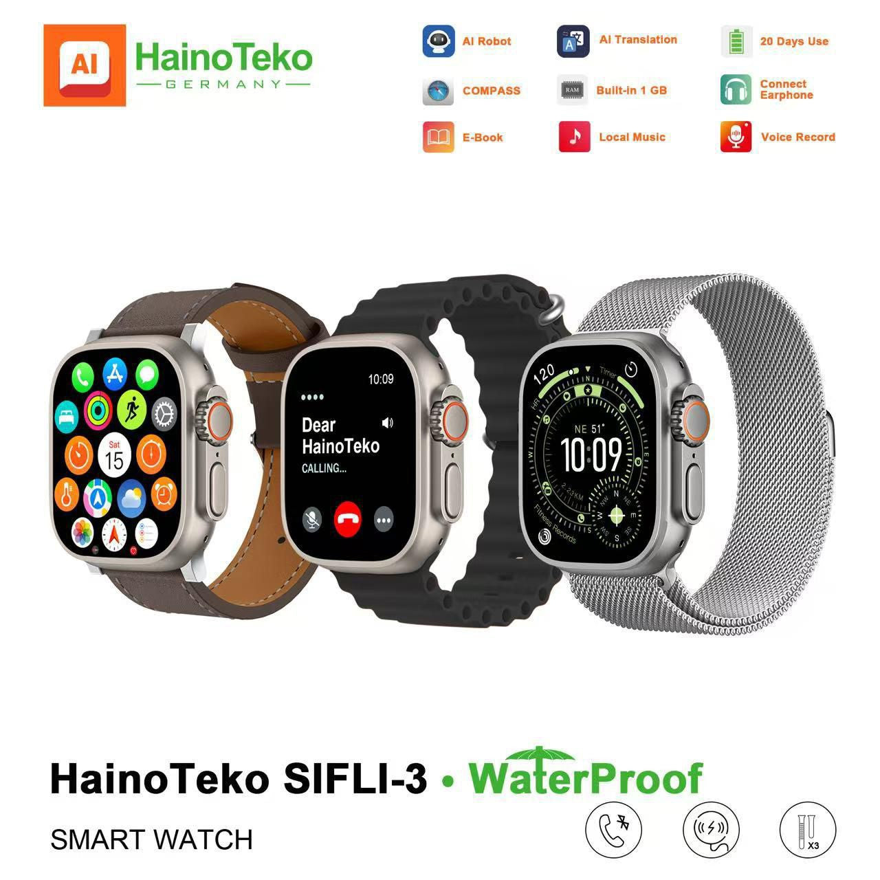 HainoTeko SIFLI-3 Waterproof Design Smart Watch with 2.02 Inch AMOLED Display BT Calling AI Translation 20 Days Battery Backup 3 Pair Straps and Charging Cable Designed for Men