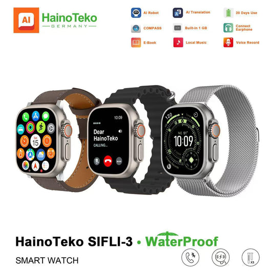 HainoTeko SIFLI-3 Waterproof Design Smart Watch with 2.02 Inch AMOLED Display BT Calling AI Translation 20 Days Battery Backup 3 Pair Straps and Charging Cable Designed for Men