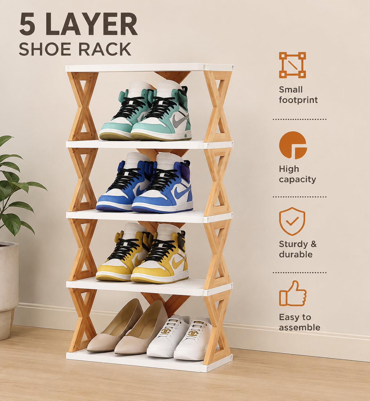 5-Layer Multipurpose Shoe Rack Organizer Space Saving Vertical Shoe Storage Stand with Sturdy Shelves, Compact Footprint, Easy Assembly Rack for Entryway, Bedroom, Closet & Living Room