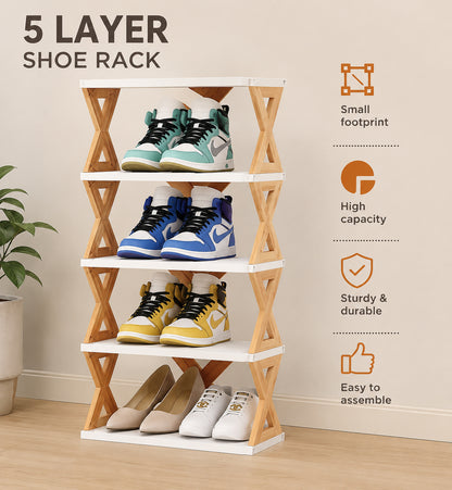 5-Layer Multipurpose Shoe Rack Organizer Space Saving Vertical Shoe Storage Stand with Sturdy Shelves, Compact Footprint, Easy Assembly Rack for Entryway, Bedroom, Closet & Living Room