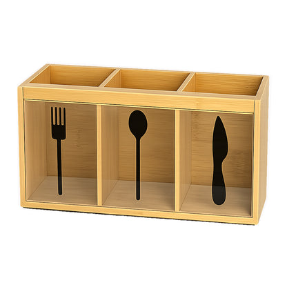 Natural Bamboo Cutlery Organizer with 3 Compartments Multipurpose Countertop Utensil Holder for Spoons, Forks, Knives, Kitchen Tools, Office Supplies & Dining Table Storage