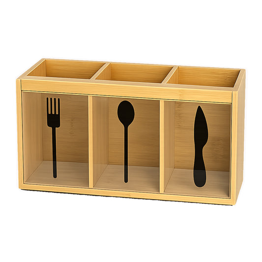 Natural Bamboo Cutlery Organizer with 3 Compartments Multipurpose Countertop Utensil Holder for Spoons, Forks, Knives, Kitchen Tools, Office Supplies & Dining Table Storage