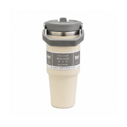 900ML Vacuum Insulated Stainless Steel Travel Mug with Handle & Reusable Straw, Double Wall Thermal Tumbler with 3-Way Leak-Resistant Lid, BPA-Free Cup Holder Friendly for Hot & Cold Drinks