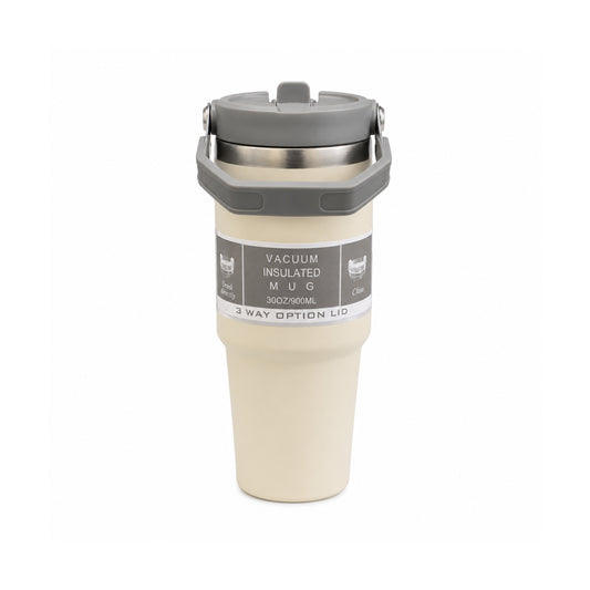 900ML Vacuum Insulated Stainless Steel Travel Mug with Handle & Reusable Straw, Double Wall Thermal Tumbler with 3-Way Leak-Resistant Lid, BPA-Free Cup Holder Friendly for Hot & Cold Drinks