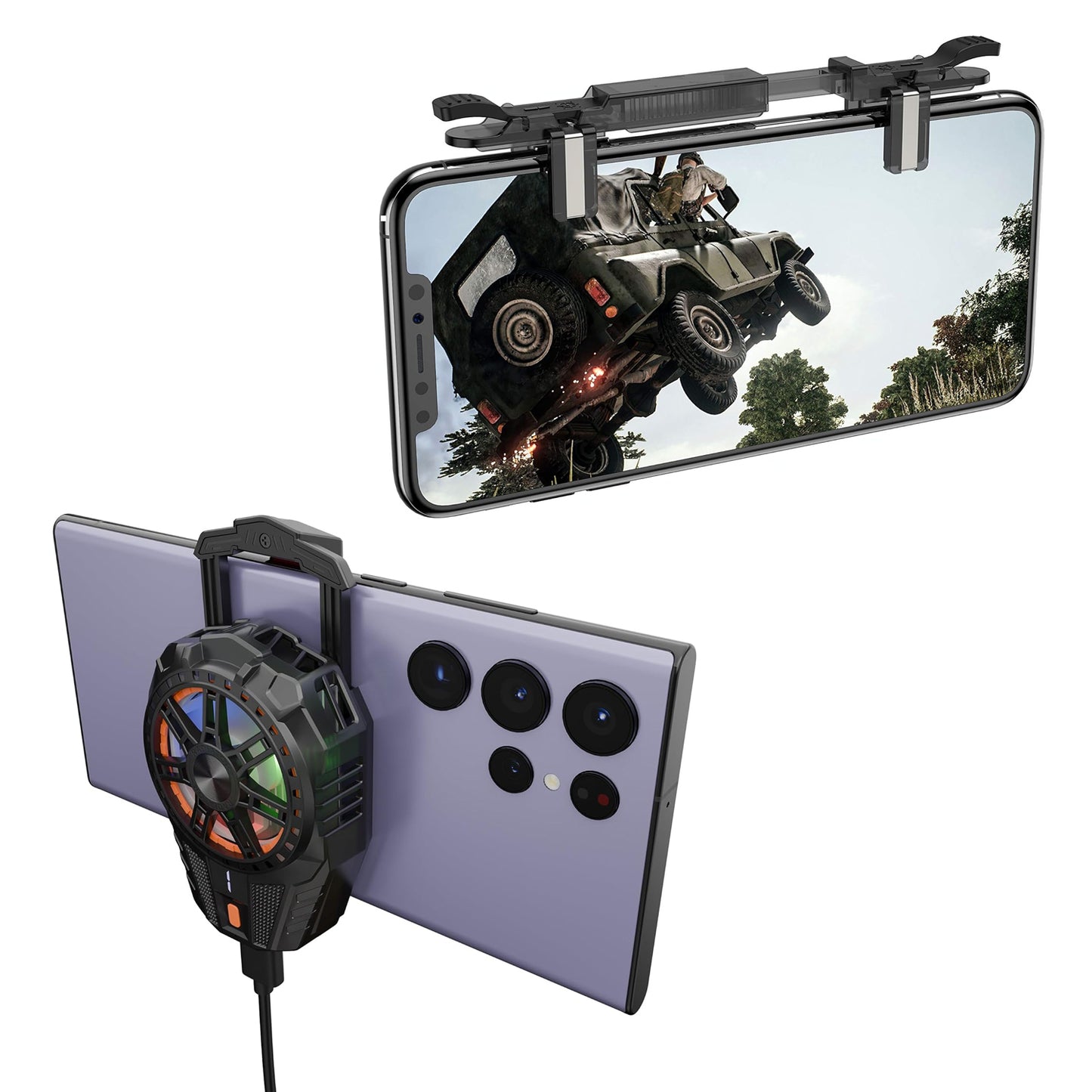 Mobile Cooling Fan & Retractable Shooting Game Controller Combo for Smartphones USB Powered Gaming Cooler with RGB Light Adjustable Mobile Trigger Controller