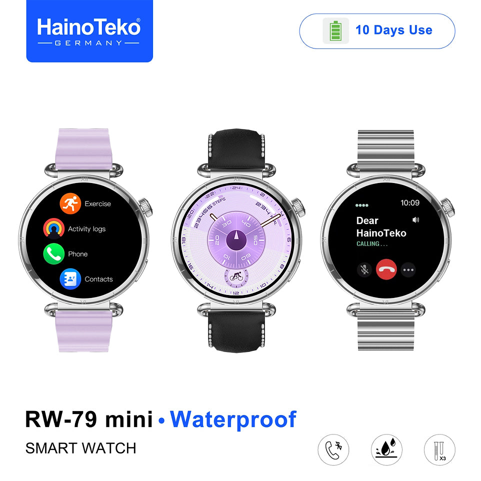 HainoTeko RW-79 Mini Waterproof Smart Watch with AMOLED Display Bluetooth Call 3 Interchangeable Straps and Charging Cable Designed for Ladies