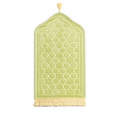 Luxury Velvet Islamic Prayer Mat with Mihrab Design & Decorative Fringe Soft Plush Muslim Salah Prayer Rug, 60 x 35 cm