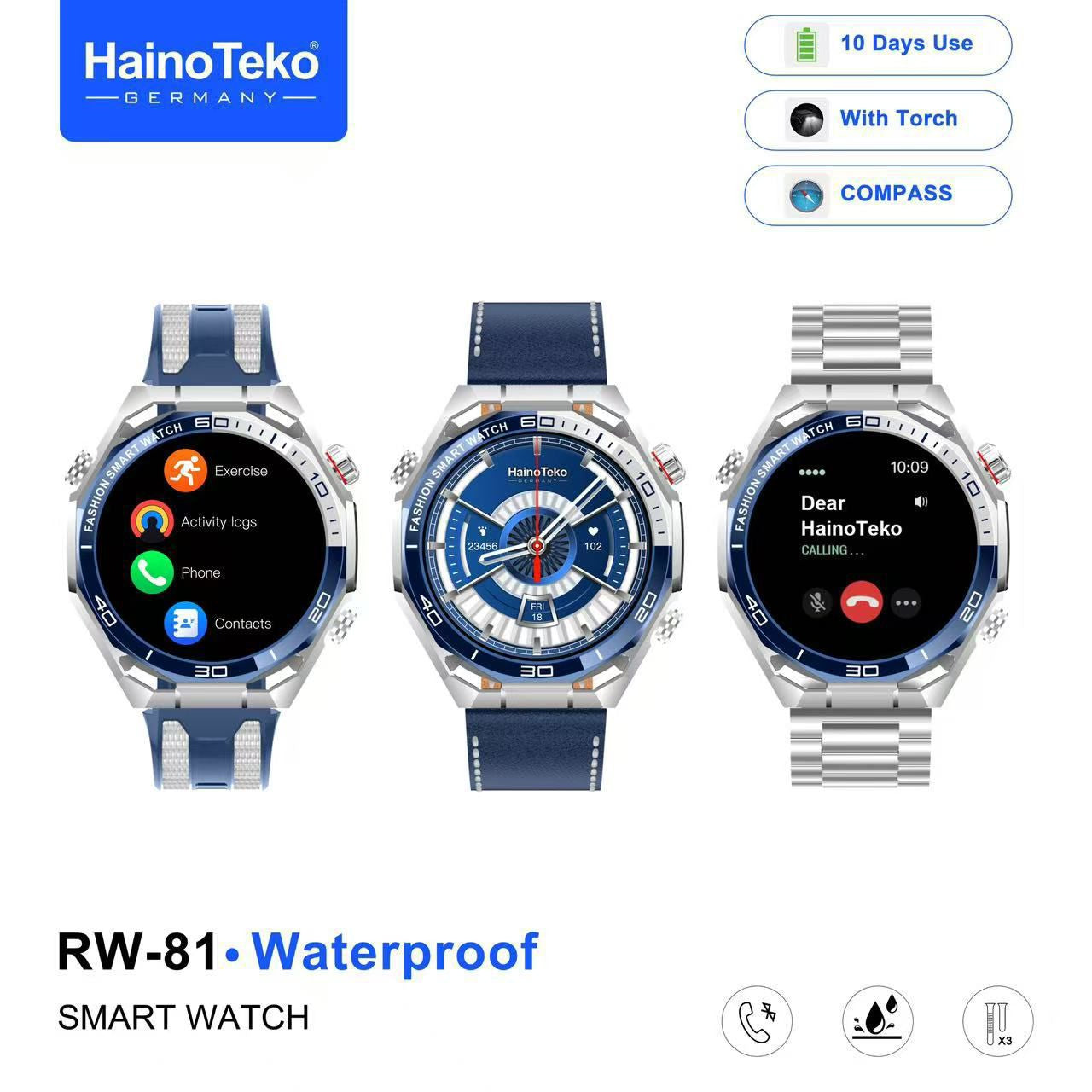 HainoTeko RW-81 Waterproof Smart Watch with Bluetooth Calling AMOLED Display 10 Days Battery Backup and 3 Pair Straps