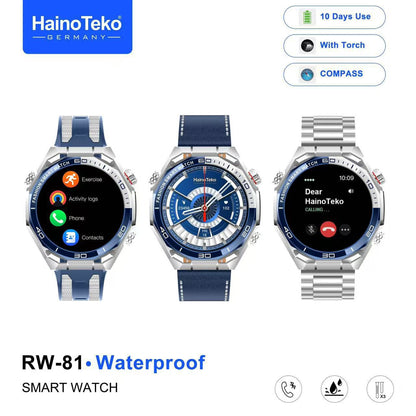 HainoTeko RW-81 Waterproof Smart Watch with Bluetooth Calling AMOLED Display 10 Days Battery Backup and 3 Pair Straps