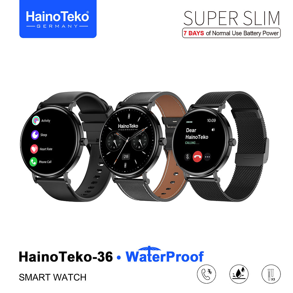 HainoTeko-36 Super Slim Waterproof Design Smart Watch with AMOLED Display Bluetooth Calling, 7-Day Battery Life Multiple Sports Modes and 3 Interchangeable Straps Designed for Ladies and Gents