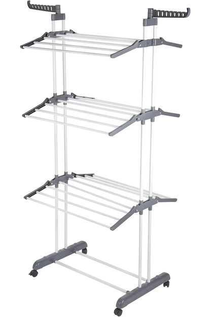 3 Tier Foldable Cloth Drying Stand with Wheels Heavy Duty Laundry Drying Rack for Indoor & Outdoor Use Space Saving Clothes Airer with Hanger Slots