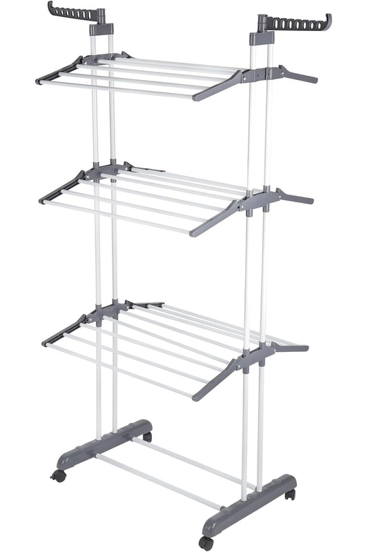 3 Tier Foldable Cloth Drying Stand with Wheels Heavy Duty Laundry Drying Rack for Indoor & Outdoor Use Space Saving Clothes Airer with Hanger Slots