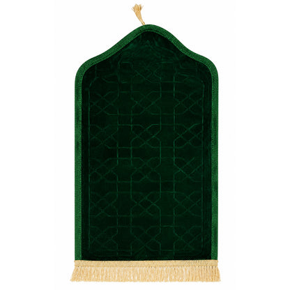Luxury Velvet Islamic Prayer Mat with Mihrab Design & Decorative Fringe Soft Plush Muslim Salah Prayer Rug, 60 x 35 cm