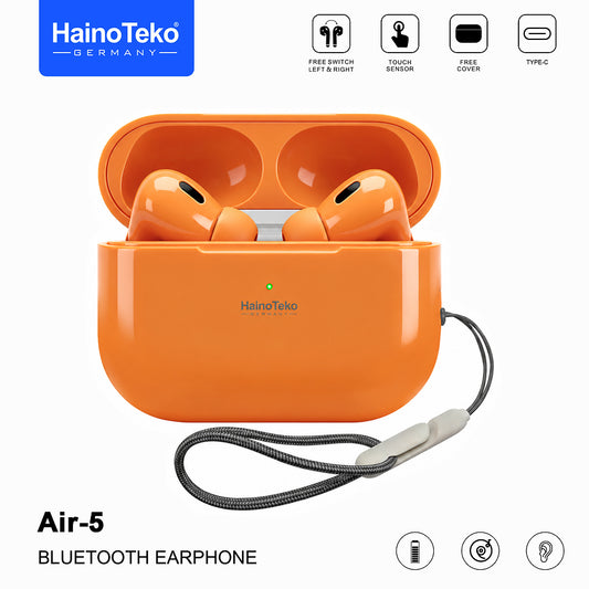 HainoTeko Air-5 Wireless Bluetooth Earbuds with Touch Sensor Built-in Speaker Multi-Functioanal Touch Control and Microphone Compatible With iPhones and iPads Orange