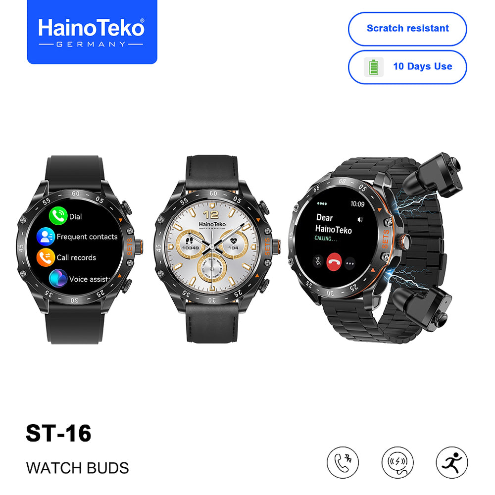 HainoTeko ST-16 Watch Buds Smartwatch with Built-in Wireless Earbuds AMOLED Display, Bluetooth Calling, 3 Interchangeable Straps, 10-Day Battery Life and Charging Cable Designed for Men
