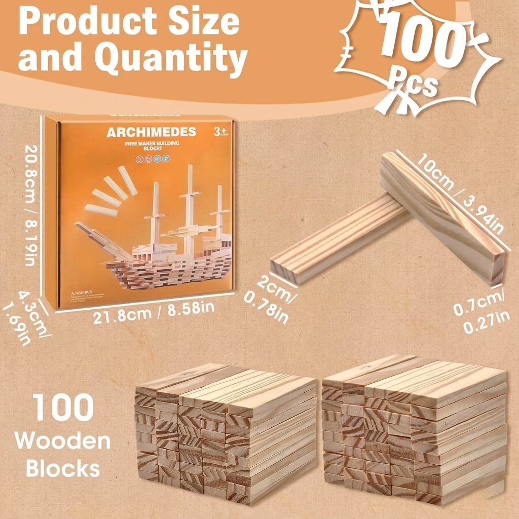 100 PCS Wooden Colour Building Blocks Set for Kids Natural Wood Stacking Blocks Construction Toy Building Kit Educational STEM Toy for Boys and Girls
