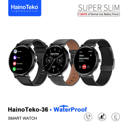 HainoTeko-36 Super Slim Waterproof Design Smart Watch with AMOLED Display Bluetooth Calling, 7-Day Battery Life Multiple Sports Modes and 3 Interchangeable Straps Designed for Ladies and Gents