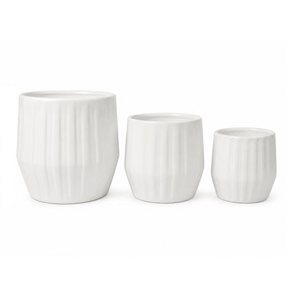 Decorative Ceramic Plant Pots Set of 3 for Indoor & Outdoor Plants – Modern Ribbed Flower Planters, White Ceramic Pots for Home, Office, Balcony, Garden & Living Room Décor