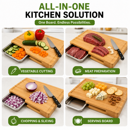 Premium Bamboo Cutting Board with Built-In Sliding Drawer | 100% Natural Bamboo Chopping Board | Easy Food Prep & Collection | Knife-Friendly, Durable & Eco-Friendly Kitchen Board