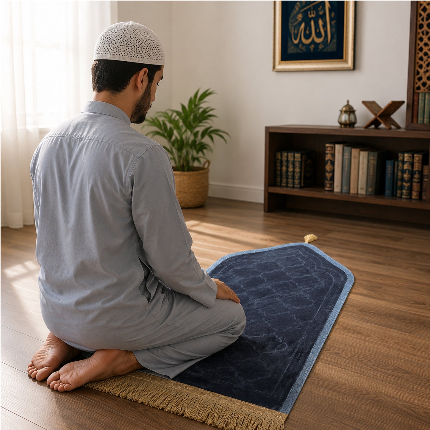 Luxury Velvet Islamic Prayer Mat with Mihrab Design & Decorative Fringe Soft Plush Muslim Salah Prayer Rug, 60 x 35 cm