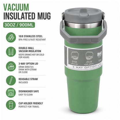 900ML Vacuum Insulated Stainless Steel Travel Mug with Handle & Reusable Straw, Double Wall Thermal Tumbler with 3-Way Leak-Resistant Lid, BPA-Free Cup Holder Friendly for Hot & Cold Drinks