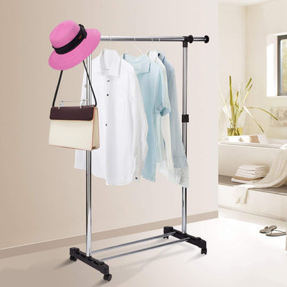 Adjustable Rolling Clothes Rack with Wheels, Heavy Duty Garment Rack, Portable Metal Clothing Hanging Stand, Extendable Coat Rack for Bedroom, Laundry Room, Retail Store & Home Organization