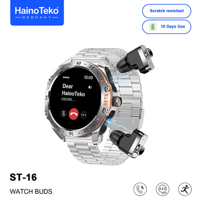 HainoTeko ST-16 Watch Buds Smartwatch with Built-in Wireless Earbuds AMOLED Display, Bluetooth Calling, 3 Interchangeable Straps, 10-Day Battery Life and Charging Cable Designed for Men