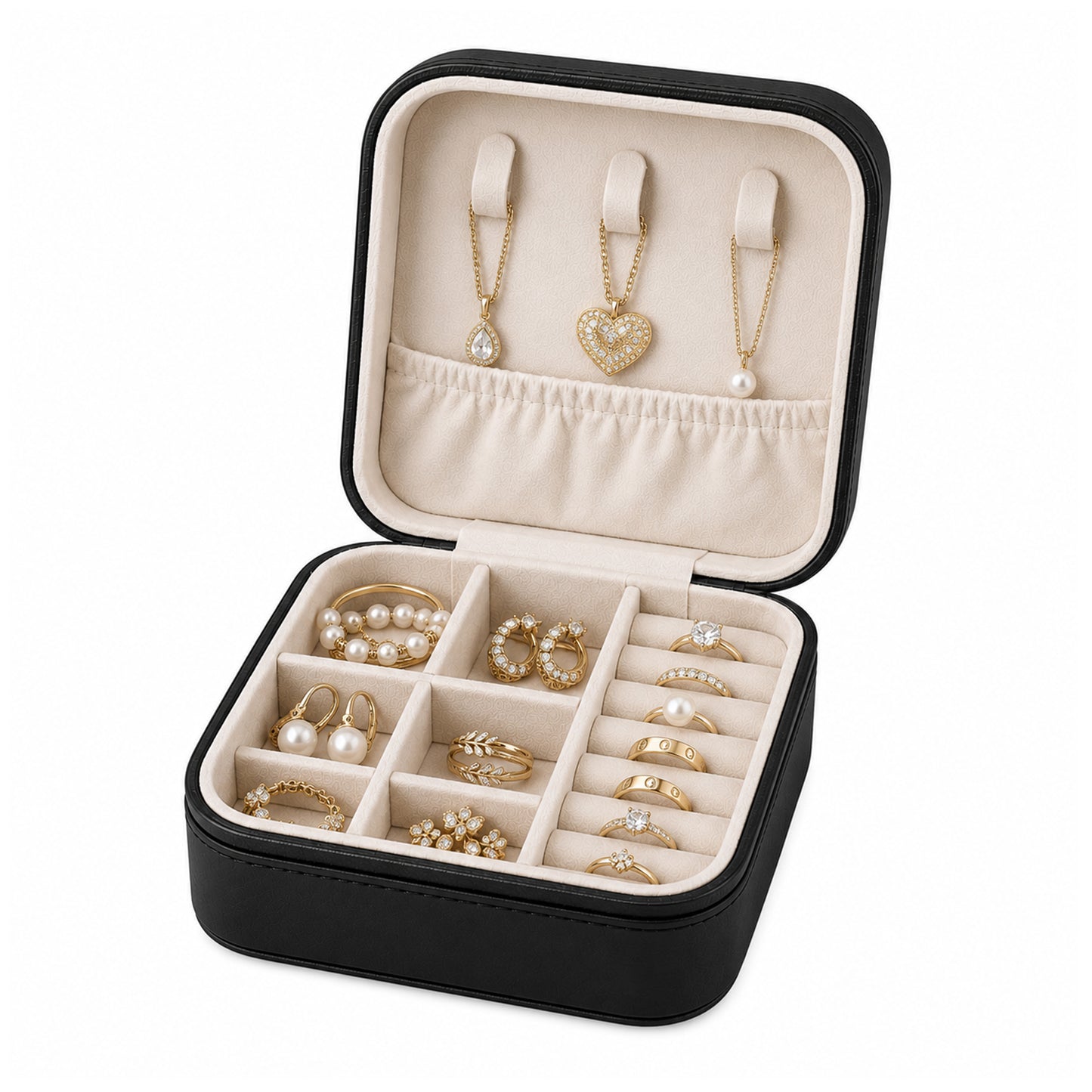 Portable Travel Jewelry Organizer Box with Zipper Compact Jewelry Storage Case for Rings, Earrings, Necklaces, Bracelets, Watches & Small Accessories