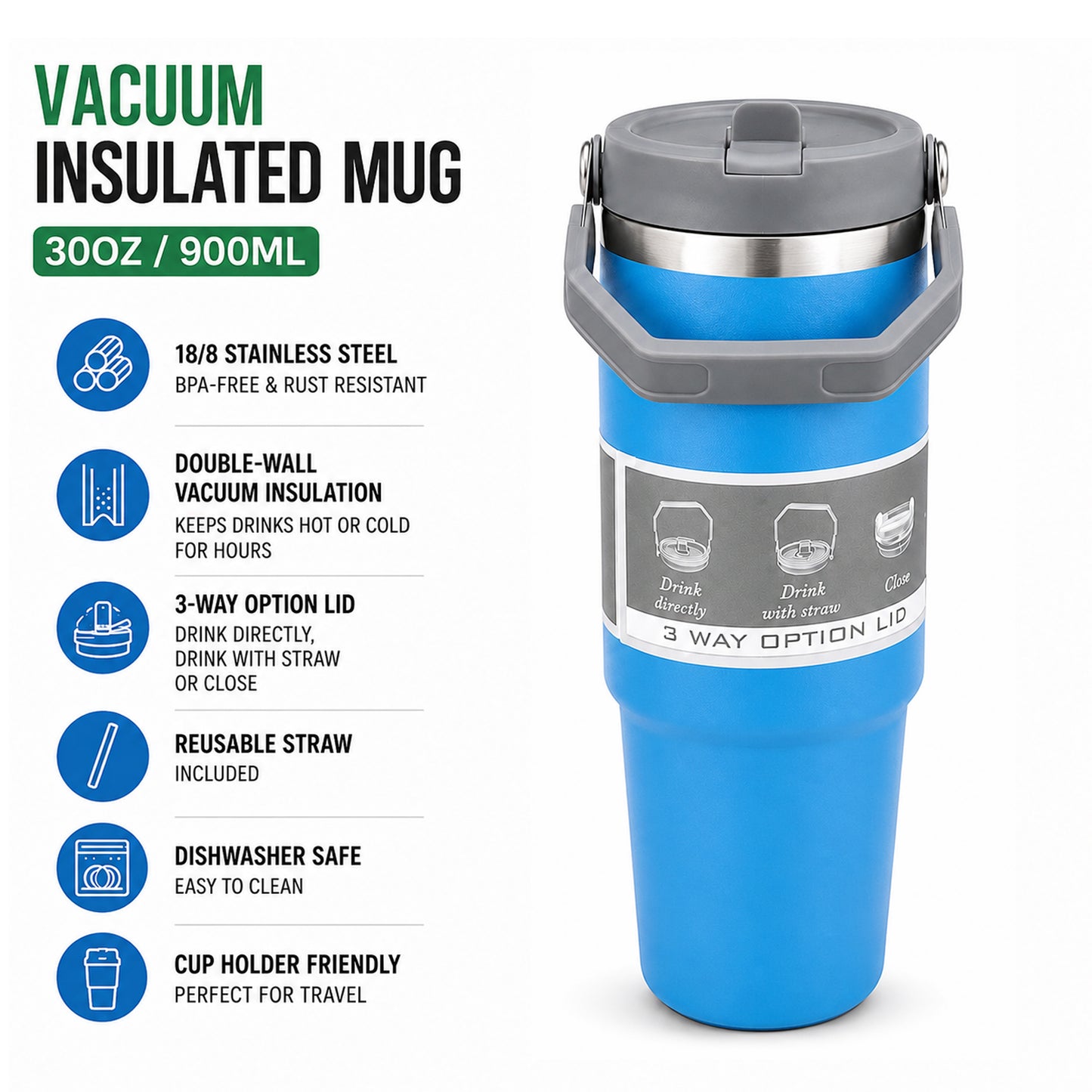 900ML Vacuum Insulated Stainless Steel Travel Mug with Handle & Reusable Straw, Double Wall Thermal Tumbler with 3-Way Leak-Resistant Lid, BPA-Free Cup Holder Friendly for Hot & Cold Drinks