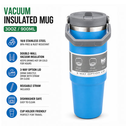900ML Vacuum Insulated Stainless Steel Travel Mug with Handle & Reusable Straw, Double Wall Thermal Tumbler with 3-Way Leak-Resistant Lid, BPA-Free Cup Holder Friendly for Hot & Cold Drinks