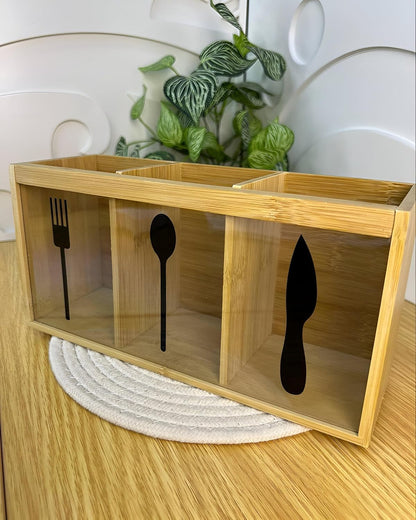 Natural Bamboo Cutlery Organizer with 3 Compartments Multipurpose Countertop Utensil Holder for Spoons, Forks, Knives, Kitchen Tools, Office Supplies & Dining Table Storage
