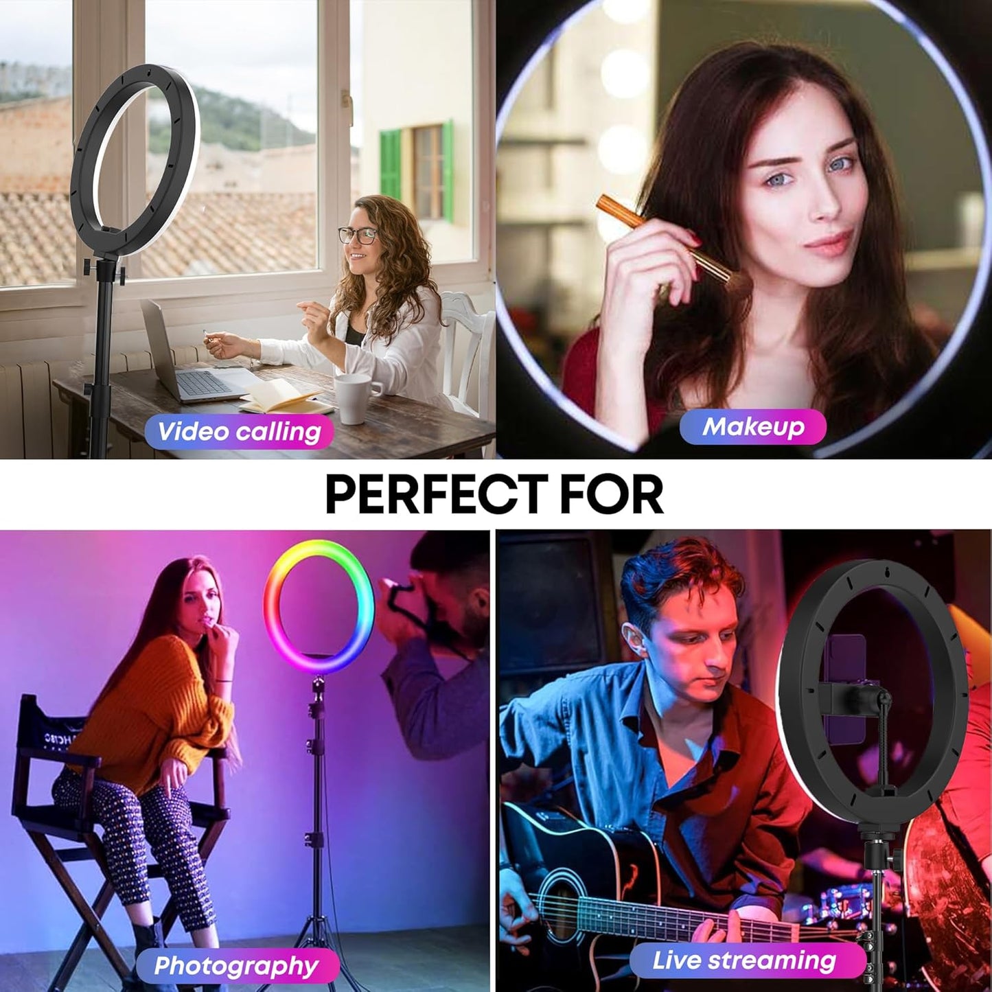 RGB LED Soft Ring Light with Mobile Holder & Adjustable Brightness 360° Rotating Selfie Ring Light for Live Streaming, Makeup, Photography & Video Recording (12 Inch)