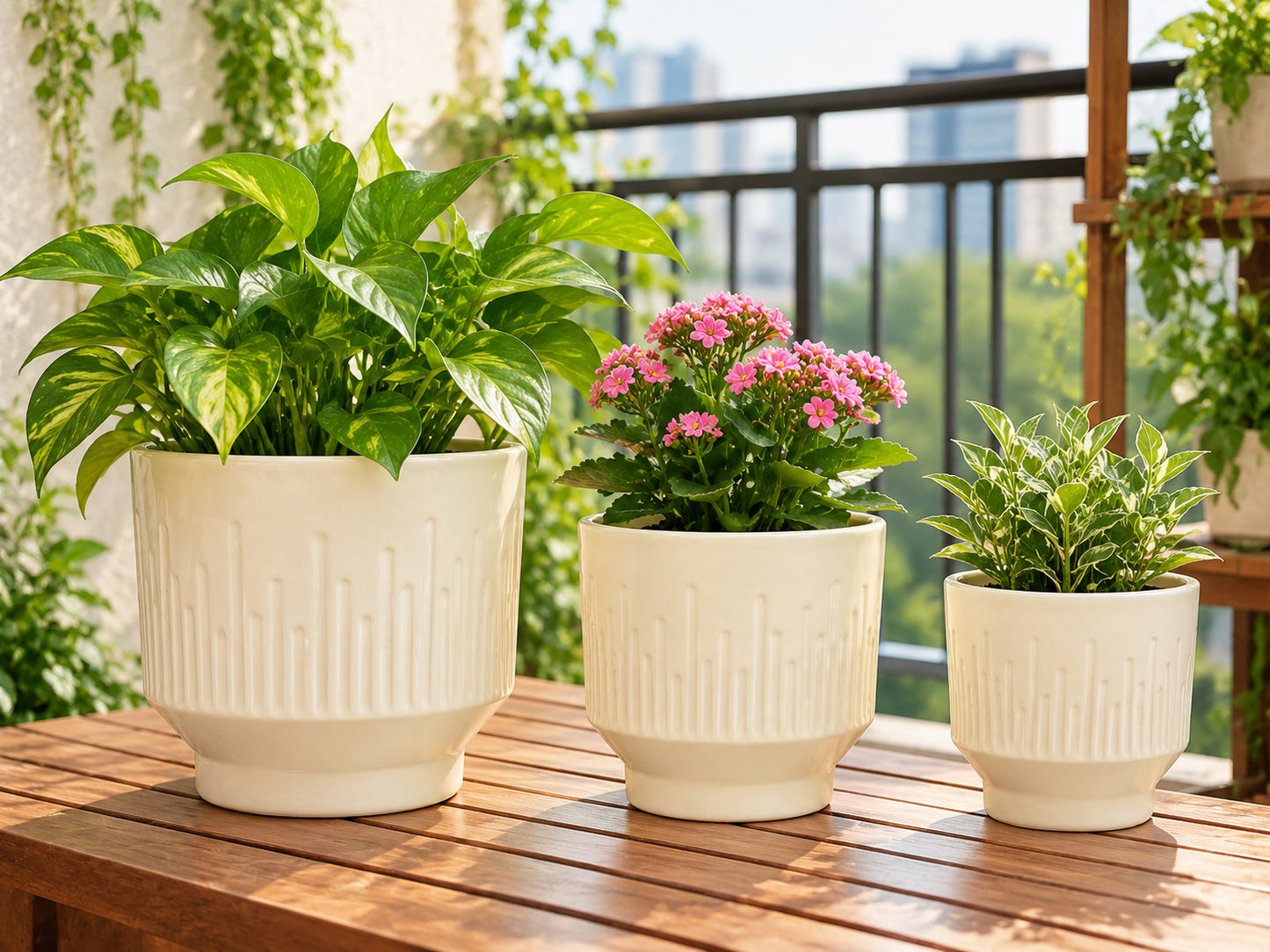3-Piece Ceramic Flower Pot Set with Textured Design Decorative Indoor & Outdoor Planters for Succulents, Cactus, Herbs & Small Plants White