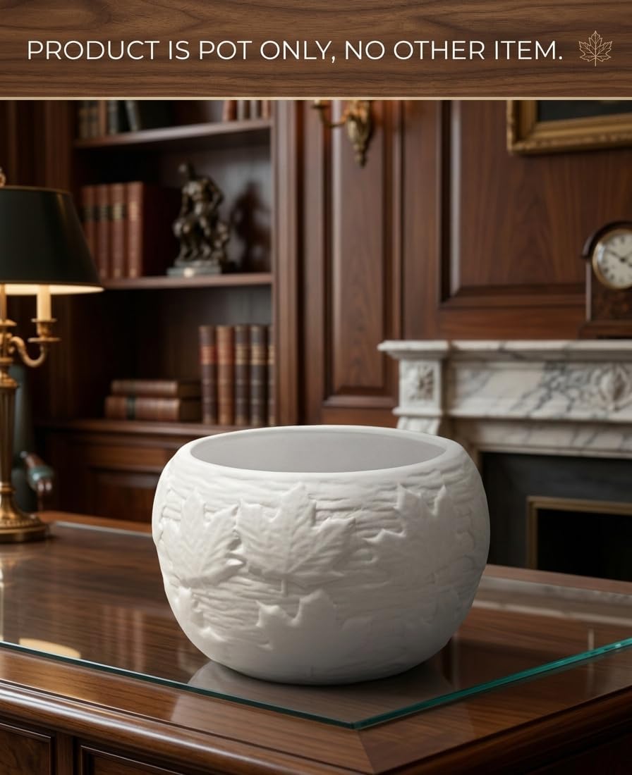 Multipurpose White Ceramic Pot with Leaf Pattern, Scandi Style, Indoor or Outdoor Planter, Desktop Storage, 13.5x9cm