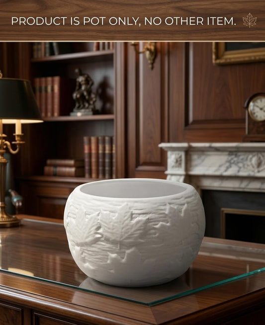 Multipurpose White Ceramic Pot with Leaf Pattern, Scandi Style, Indoor or Outdoor Planter, Desktop Storage, 13.5x9cm