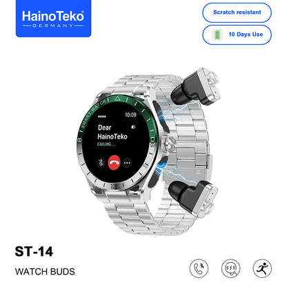 Haino Teko ST-14 Watch Buds Smartwatch with Built-in Wireless Earbuds Bluetooth Calling, AMOLED Display, 3 Interchangeable Straps, Health Monitoring, Multi-Sport Modes & Long Battery Life Designed for Men