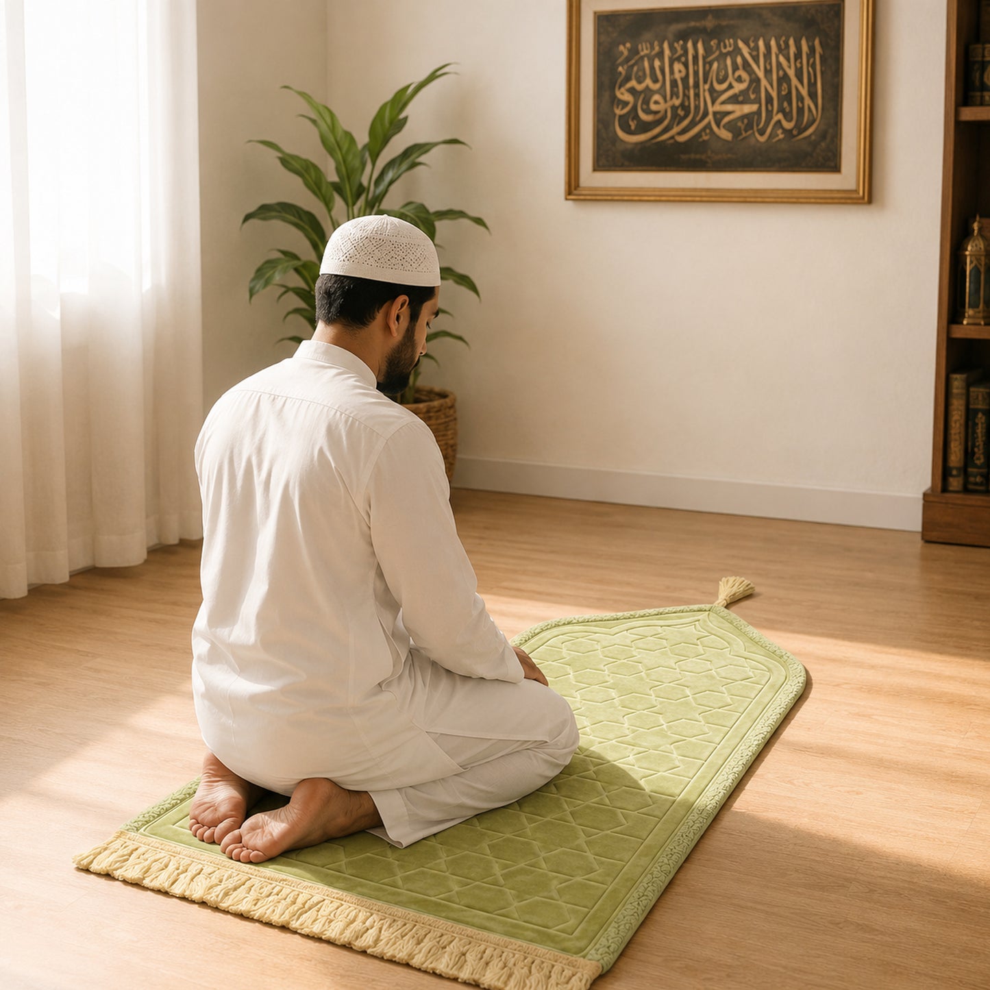 Luxury Velvet Islamic Prayer Mat with Mihrab Design & Decorative Fringe Soft Plush Muslim Salah Prayer Rug, 60 x 35 cm