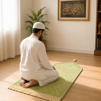 Luxury Velvet Islamic Prayer Mat with Mihrab Design & Decorative Fringe Soft Plush Muslim Salah Prayer Rug, 60 x 35 cm