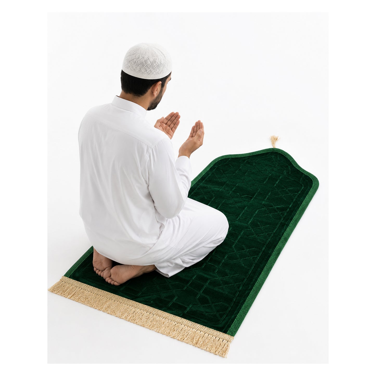 Luxury Velvet Islamic Prayer Mat with Mihrab Design & Decorative Fringe Soft Plush Muslim Salah Prayer Rug, 60 x 35 cm