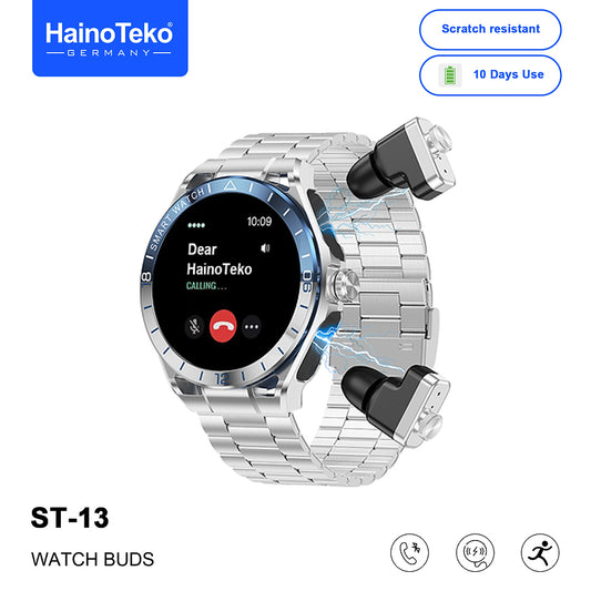 HainoTeko ST-13 Watch Buds Smart Watch with Built-in Wireless Earbuds AMOLED Display, Bluetooth Calling, Heart Rate & Sleep Monitoring, Multi-Sport Modes, 10-Day Battery Life Designed for Men