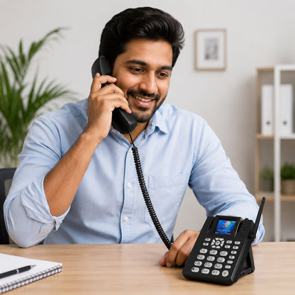 Dual SIM GSM Fixed Wireless Desktop Phone with LCD Display, External Antenna, FM Radio, SMS Support, Hands-Free Calling, Rechargeable Battery for Home & Office