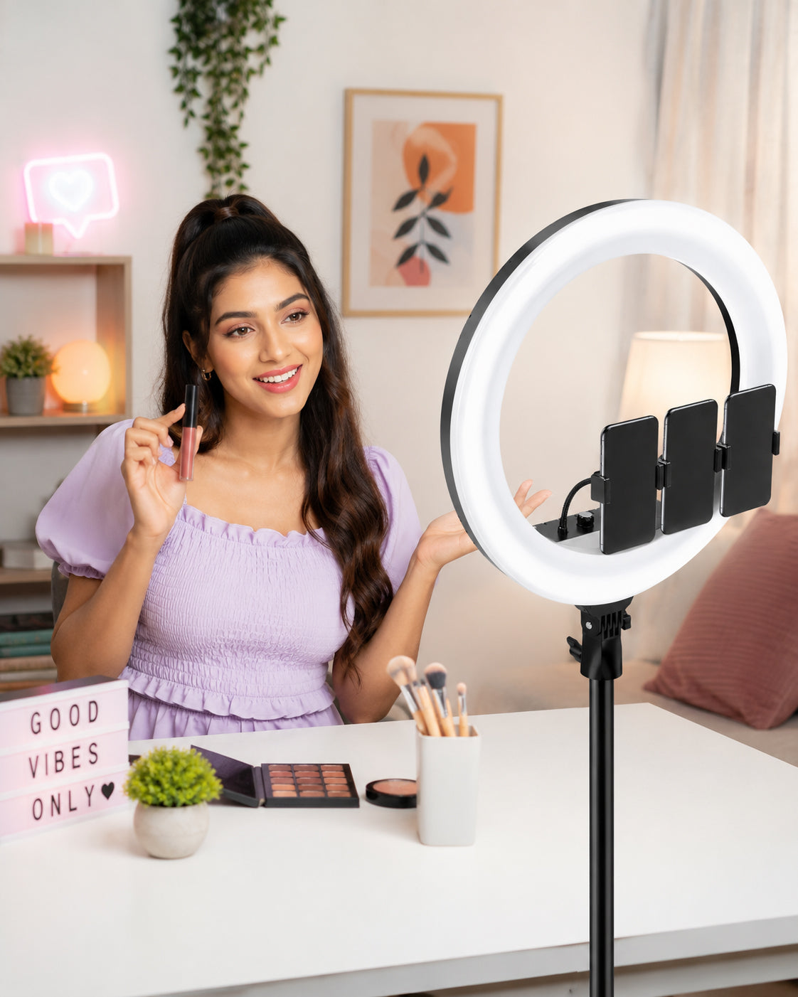 21-Inch LED Ring Light with Tripod Stand, 3 Phone Holders & Remote Control – Dimmable Ring Light for Live Streaming, Video Recording, Photography, Makeup & Content Creation